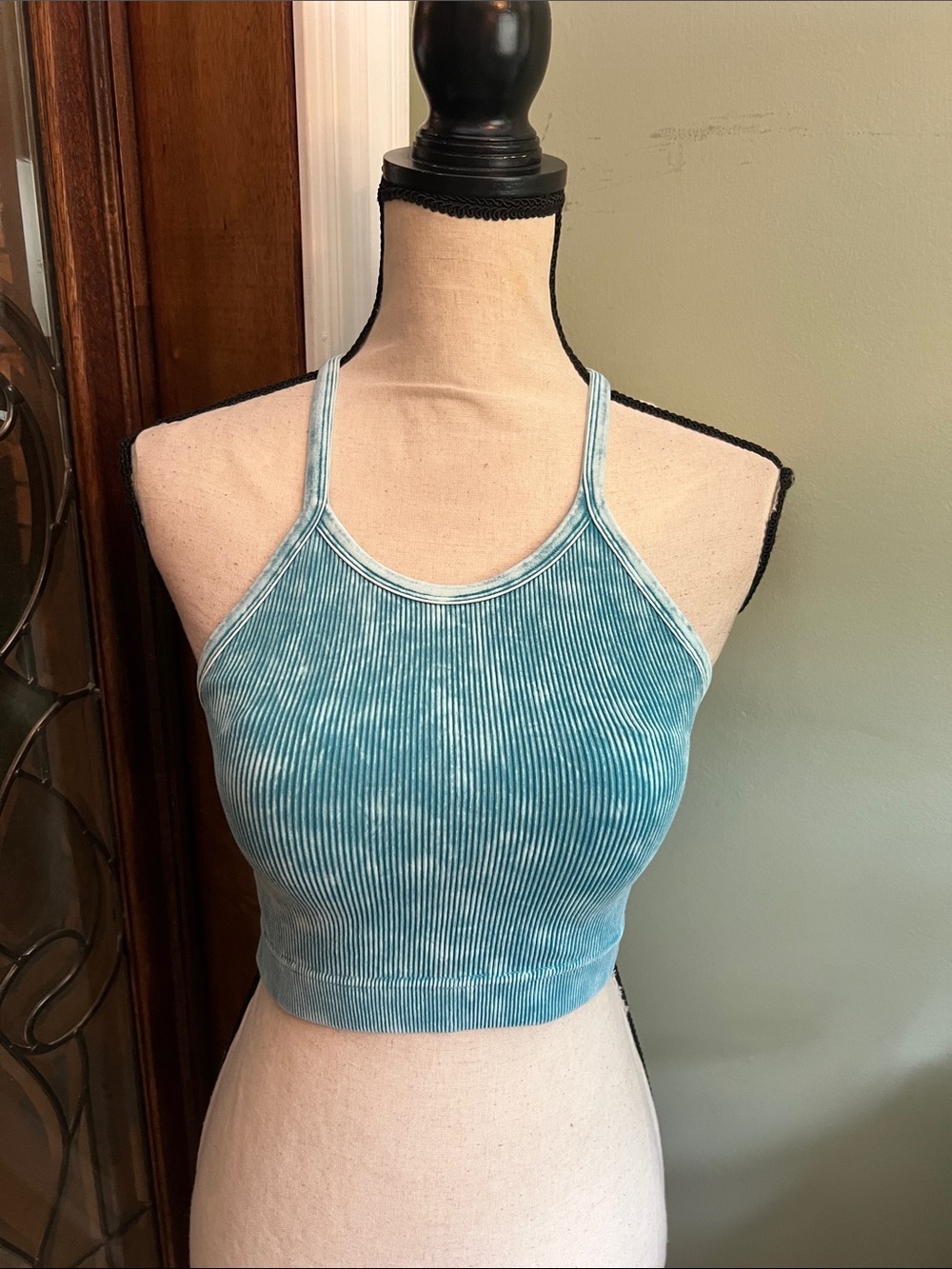 Zenana Outfitters Teal Tie-Dye Ribbed Crop Top